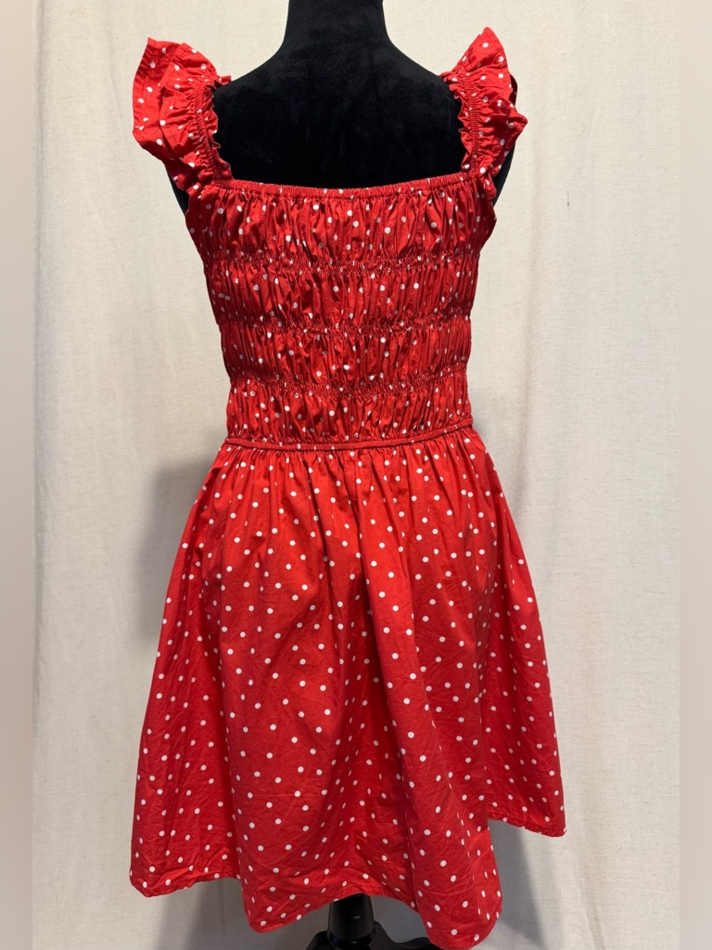 Francesca’s Red Polka Dot Smocked Ruffle Mini Dress M - Picture 2 of 4